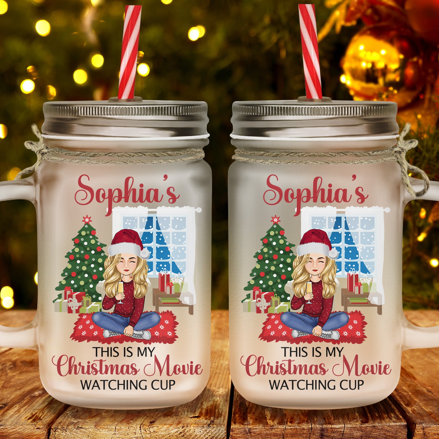 This Is My Christmas Movie Watching Cup Cartoon - Holiday, Xmas Gift - Personalized Mason Jar Cup With Straw