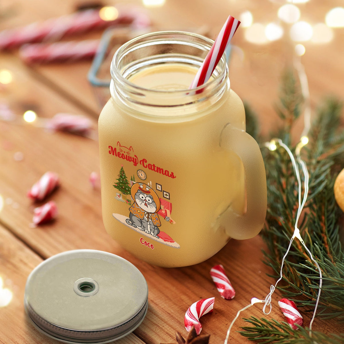 Meowy Catmas Funny Cartoon Cats - Christmas Gift For Cat Lovers - Personalized Mason Jar Cup With Straw