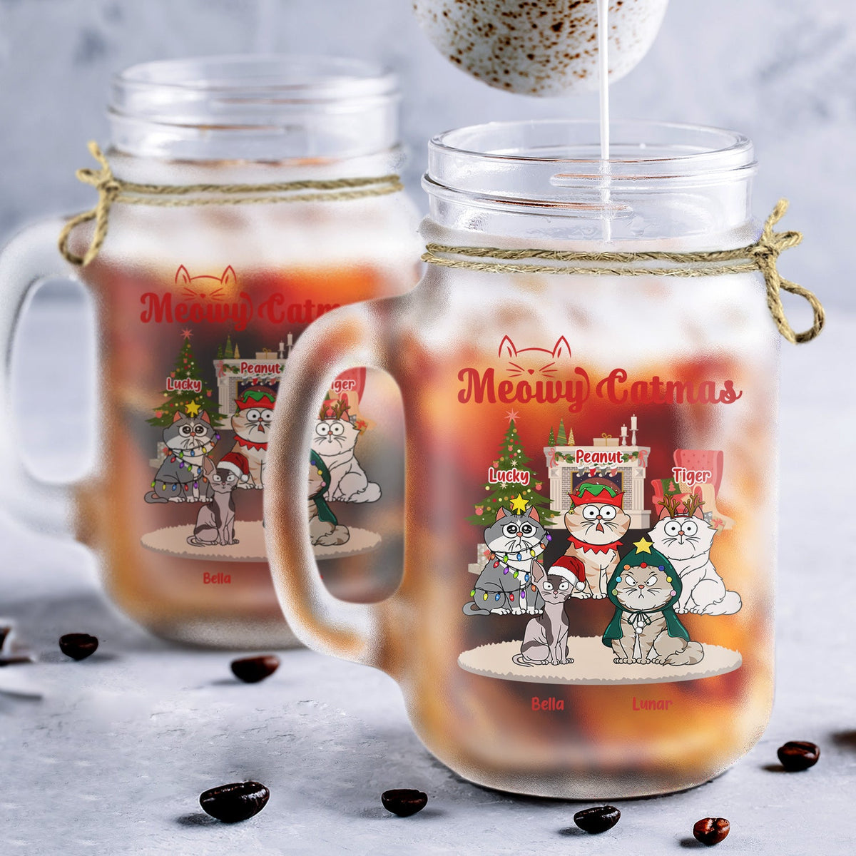 Meowy Catmas Funny Cartoon Cats - Christmas Gift For Cat Lovers - Personalized Mason Jar Cup With Straw