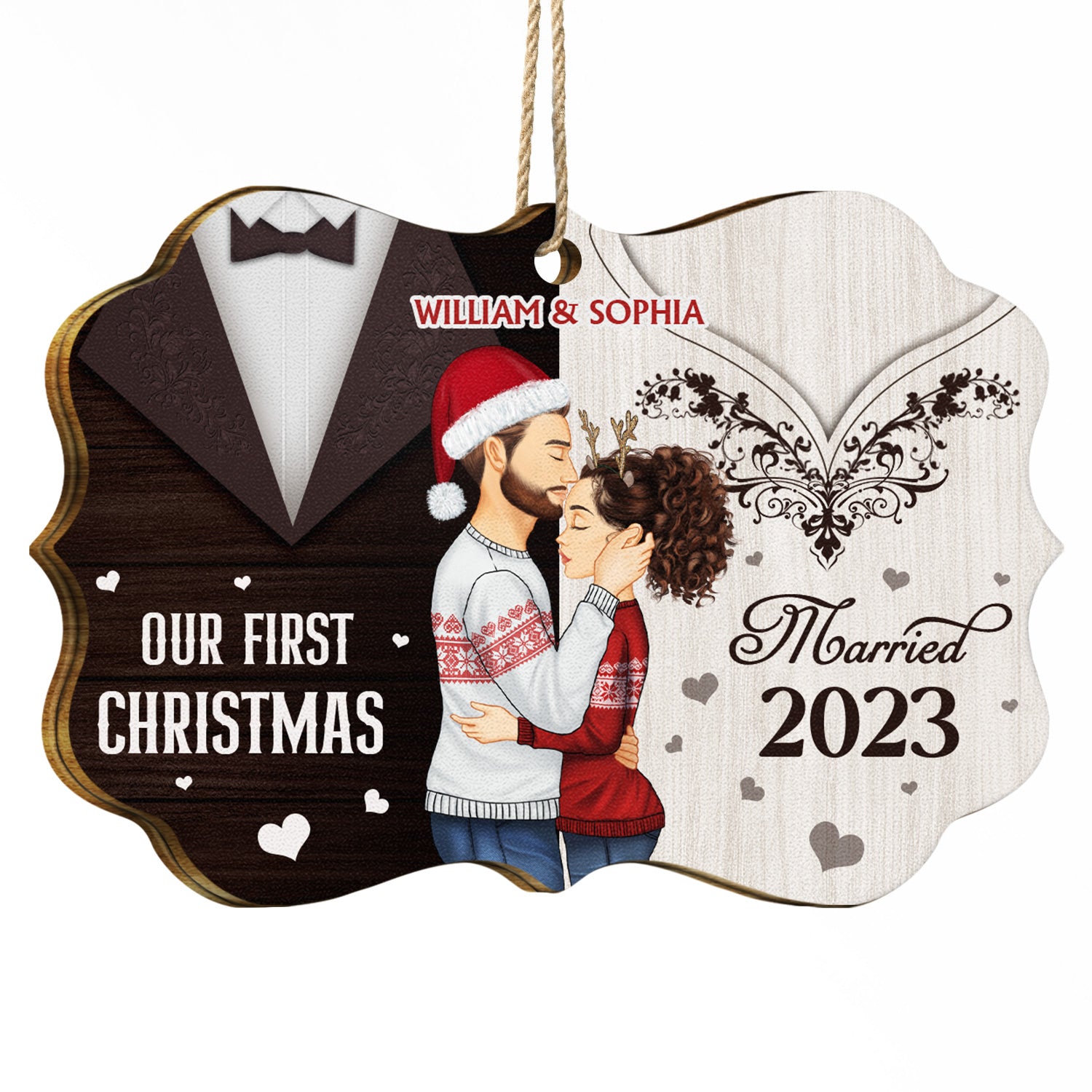 Our First Christmas Married - Xmas, Anniversary Gift For Spouse, Husband, Wife - Personalized Medallion Wooden Ornament