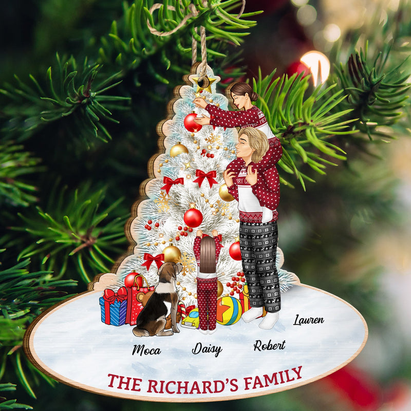 Décoration de Noël familiale pour la maison - Cadeau pour parents, couples, amoureux des animaux - Ornement en bois découpé personnalisé