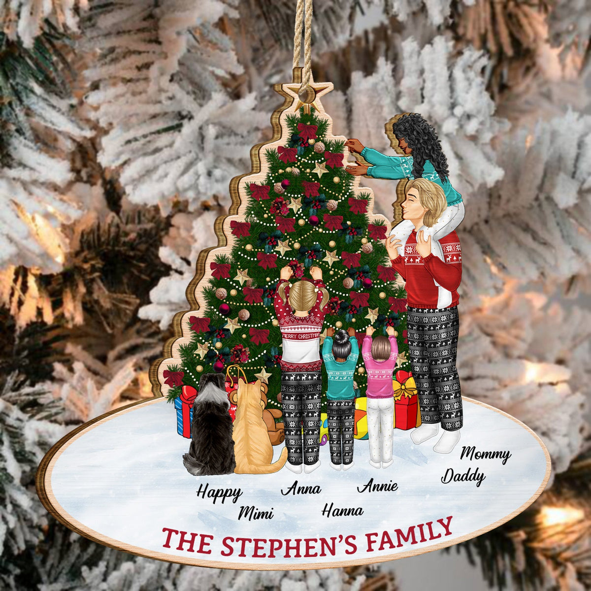 Décoration de Noël familiale pour la maison - Cadeau pour parents, couples, amoureux des animaux - Ornement en bois découpé personnalisé