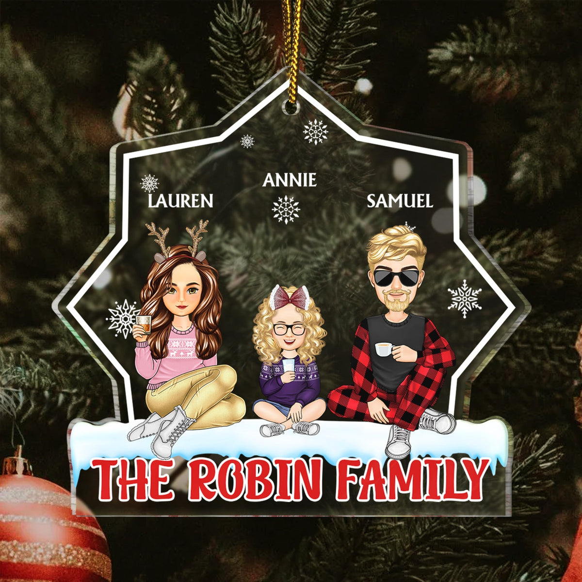 Style dessin animé - Cadeau de Noël pour la famille et les amis - Décoration acrylique personnalisée