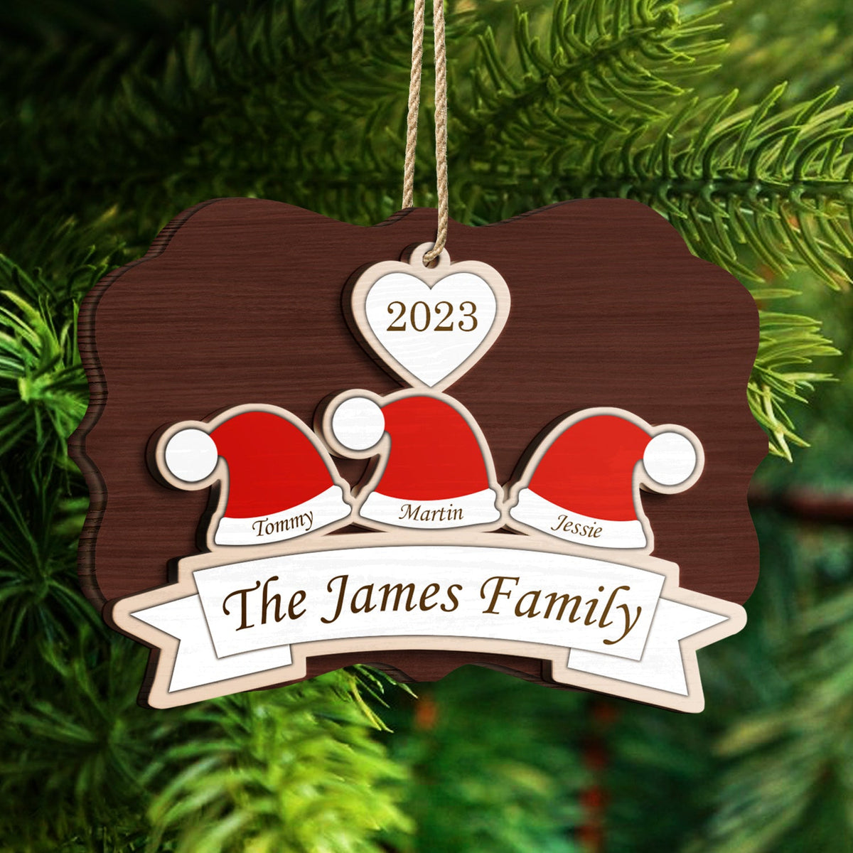 Santa Hats - Christmas Gift For Family, Parents, Grandparents - Personalized 2-Layered Wooden Ornament