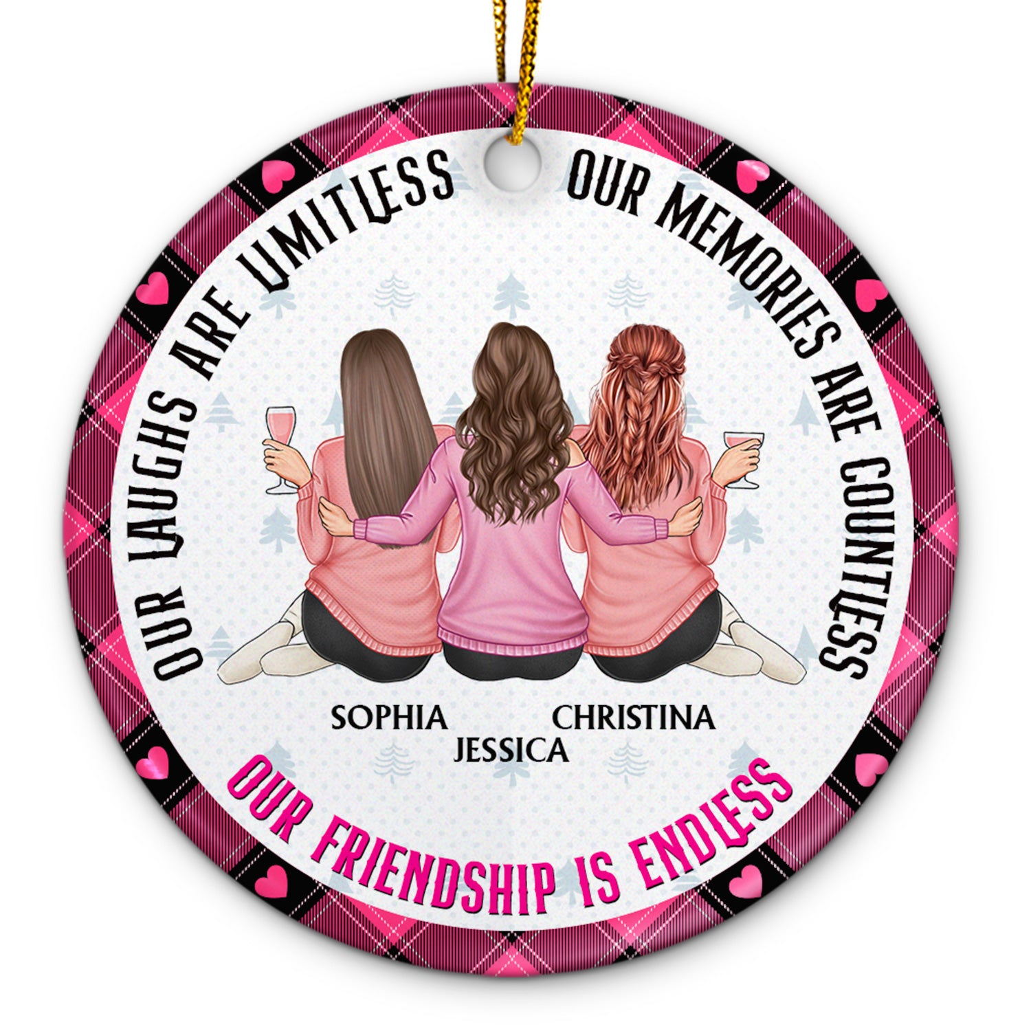 Our Memories Are Countless, Our Friendship Is Endless Pink - Christmas Gifts For Besties, Soul Sisters - Personalized Circle Ceramic Ornament