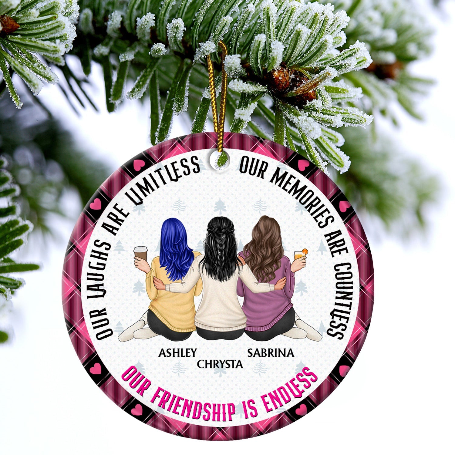 Our Memories Are Countless, Our Friendship Is Endless Pink - Christmas Gifts For Besties, Soul Sisters - Personalized Circle Ceramic Ornament