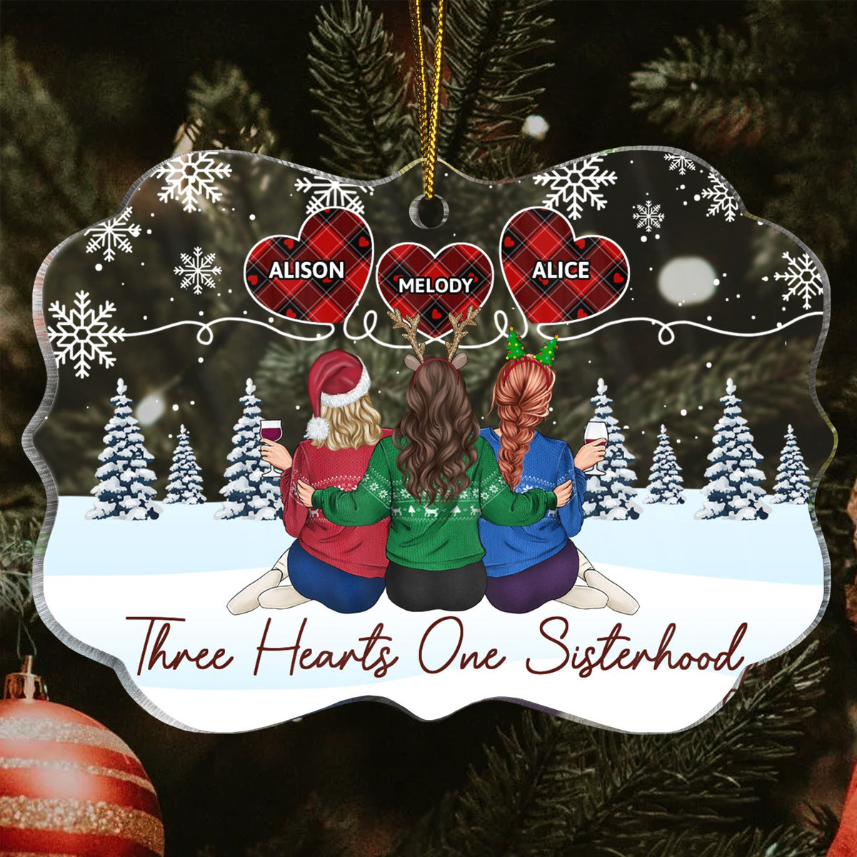 Five Hearts One Sisterhood - Christmas Gifts For Sisters, Besties - Personalized Medallion Acrylic Ornament