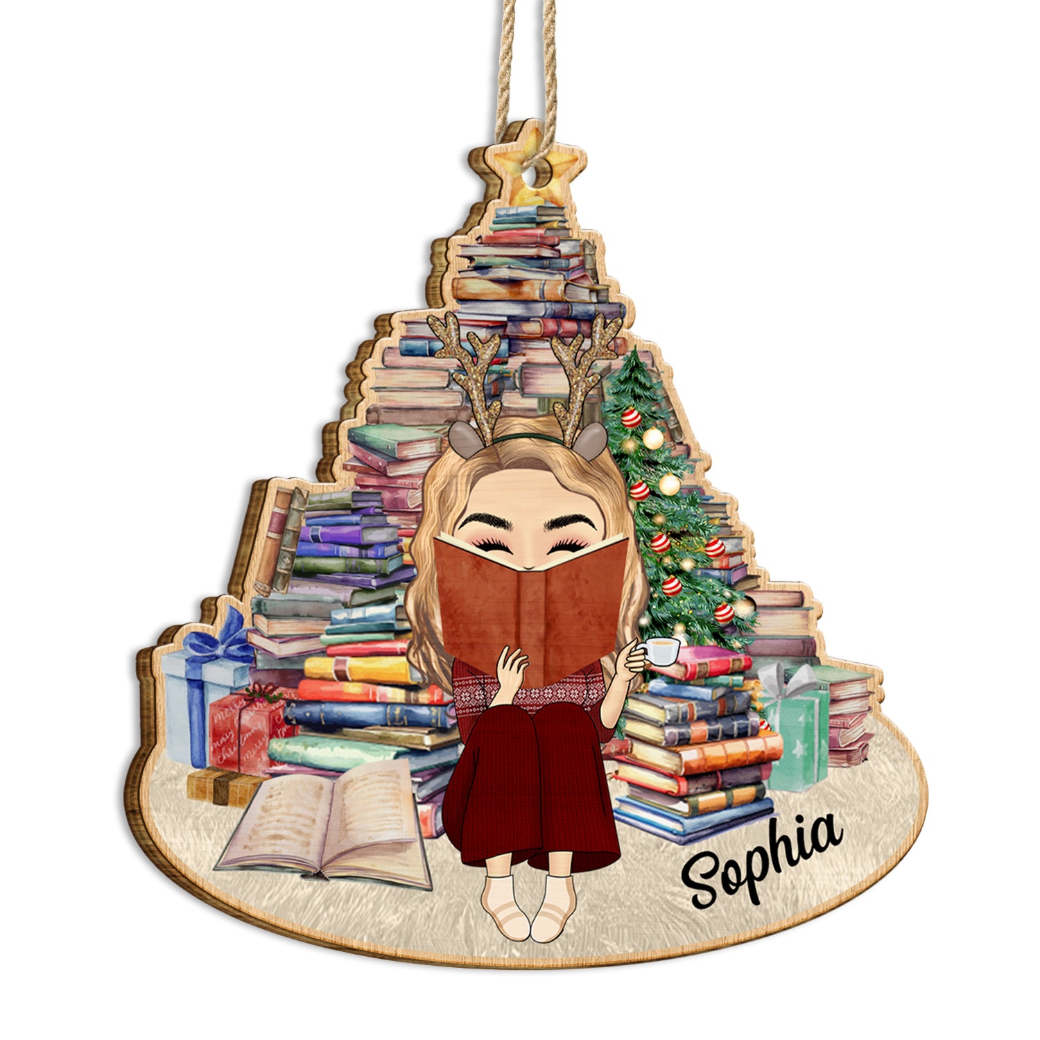 Girl Under Book Christmas Tree - Xmas Gift For Women Who Love Reading Books - Personalized Custom Shaped Wooden Ornament