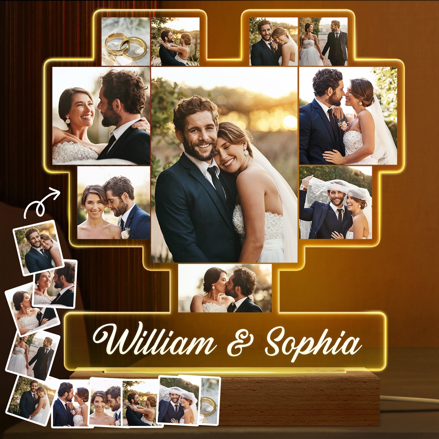 Custom Photo Heart Shaped Album - Birthday, Anniversary Gift For Couple, Husband, Wife - Personalized 3D Led Light Wooden Base