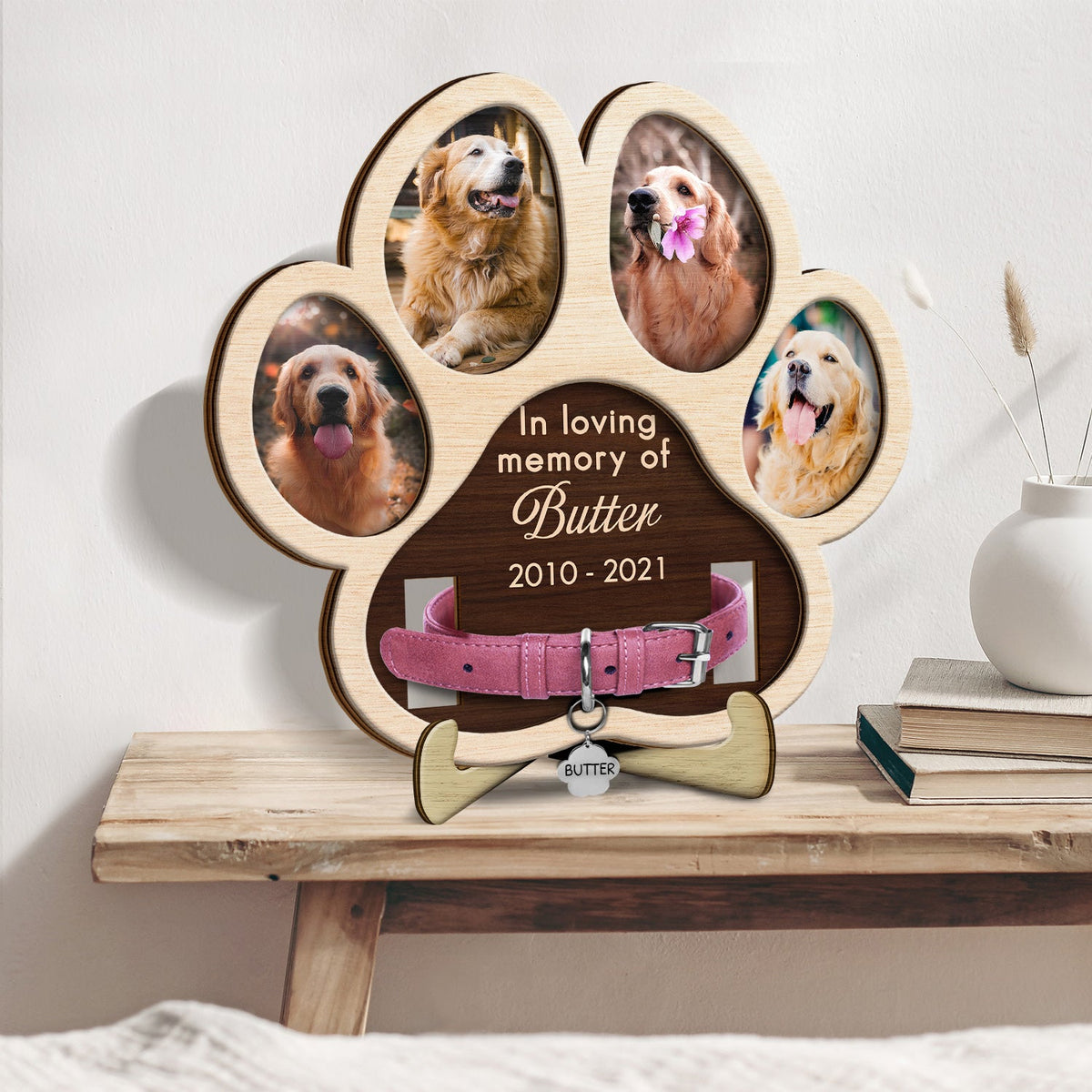 Plaque photo personnalisée en forme de patte - Cadeau commémoratif pour amoureux des chiens, maman de chats ou perte d'animaux - Plaque en bois personnalisée à 2 couches avec support