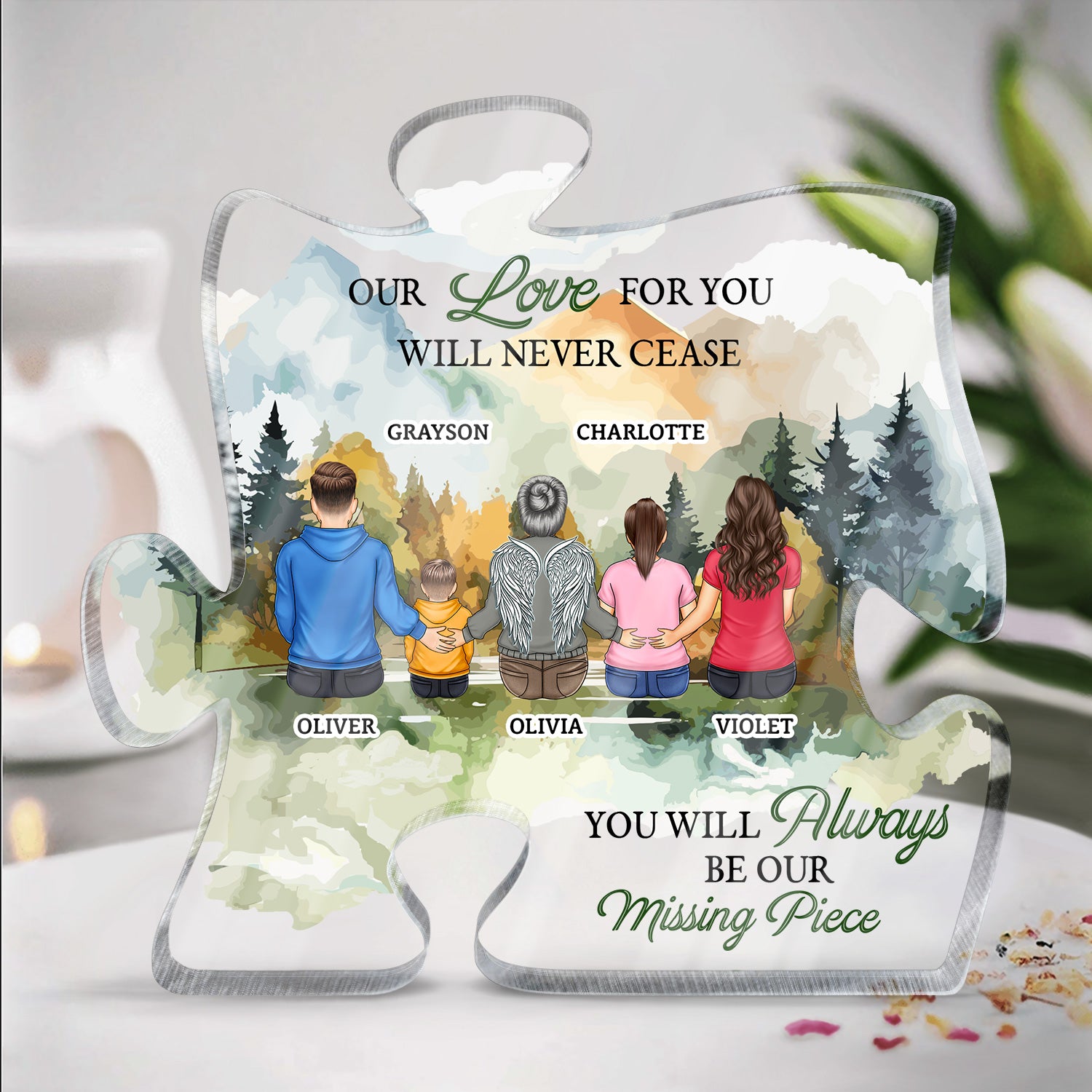 Our Love For You Will Never Cease - Memorial Gift For Family, Friend - Personalized Puzzle Shaped Acrylic Plaque
