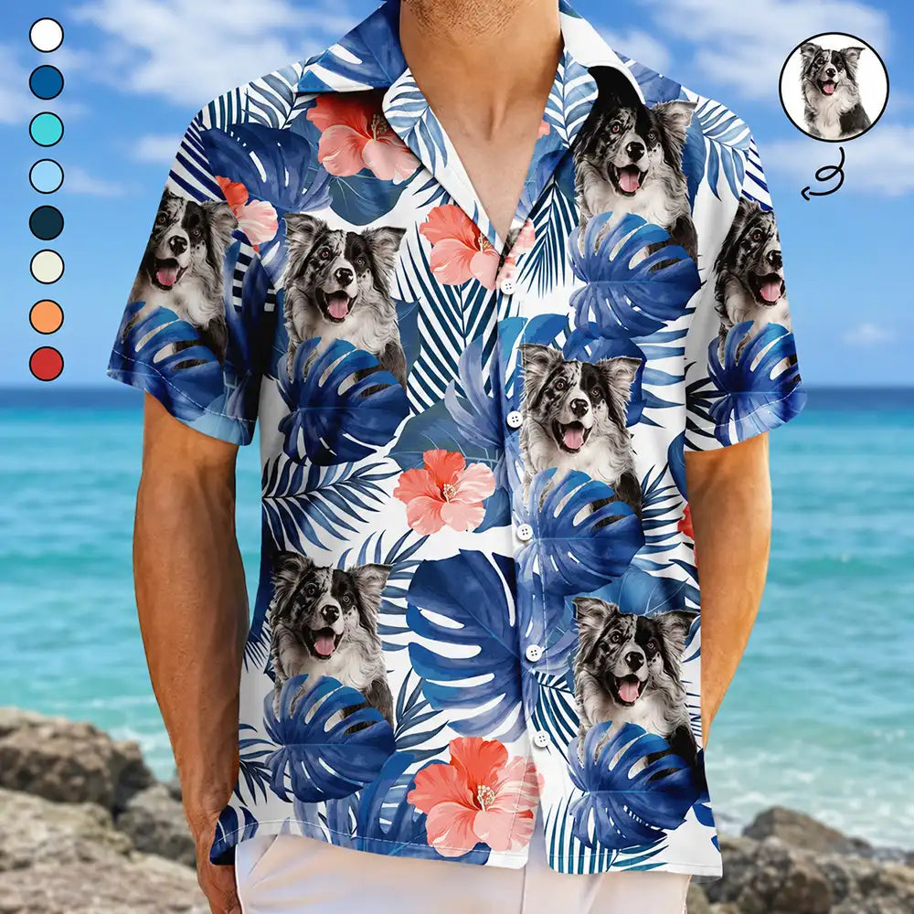 Custom Photo,Summer,Gift For Women,Gift For Men,Gift For Father,Happy,Non-Eng,Photo,Playful - Custom Photo Tropical Leaves Funny Family Pet Face - Personalised Hawaiian Shirt