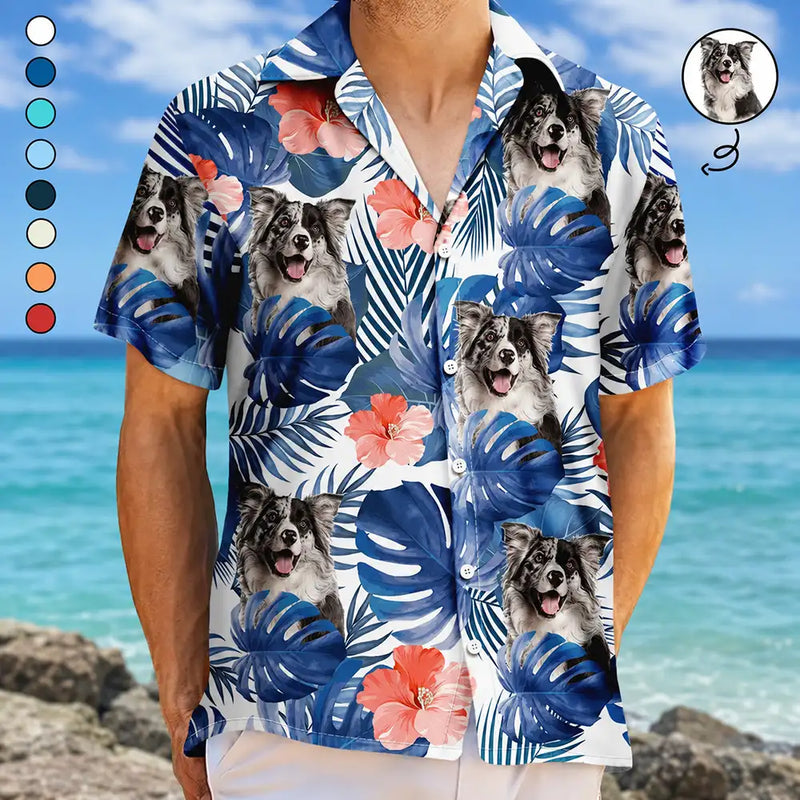 Custom Photo,Summer,Gift For Women,Gift For Men,Gift For Father,Happy,Non-Eng,Photo,Playful - Custom Photo Tropical Leaves Funny Family Pet Face - Personalised Hawaiian Shirt