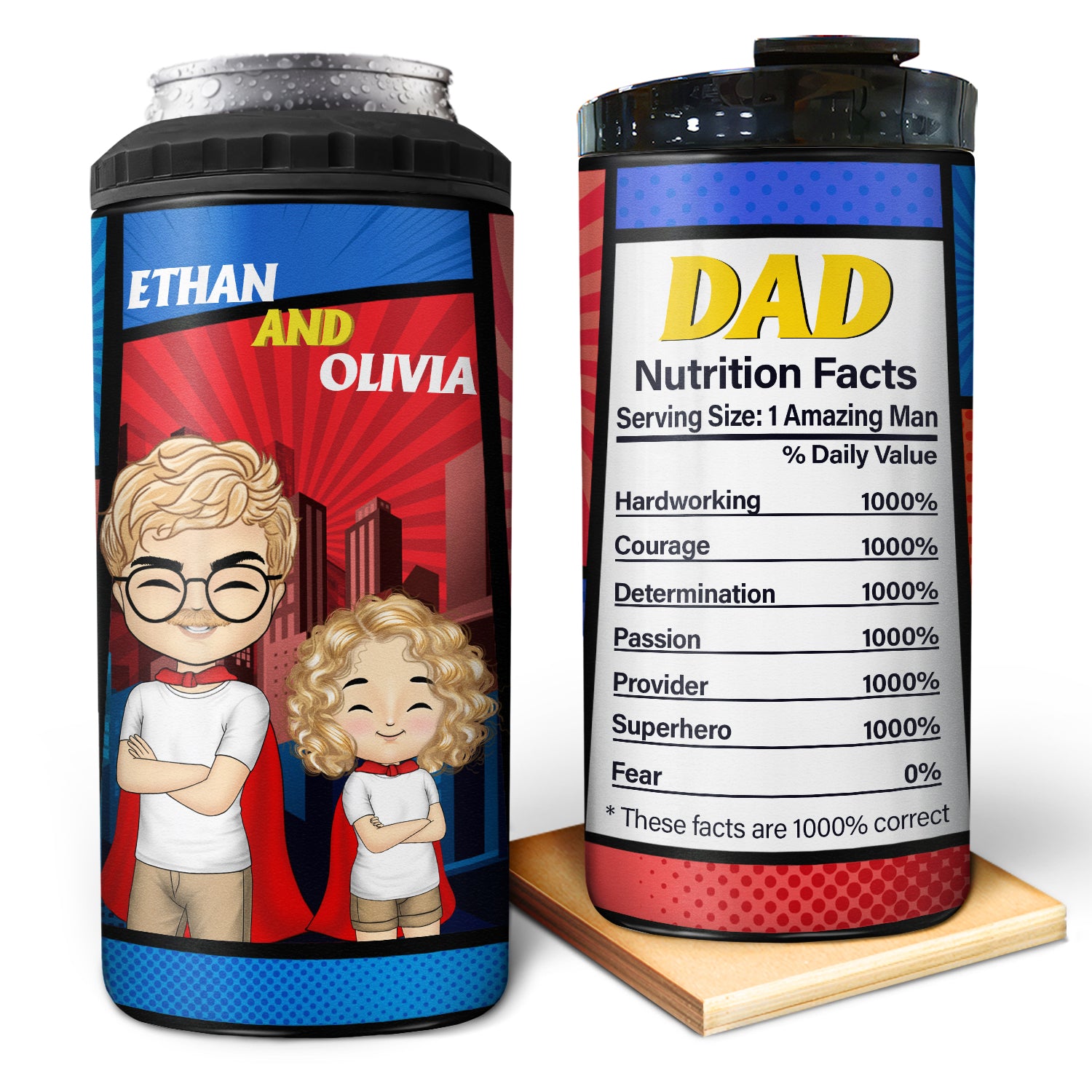 Super Dad Nutrition Facts - Gift For Father - Personalized Custom 4 In 1 Can Cooler Tumbler