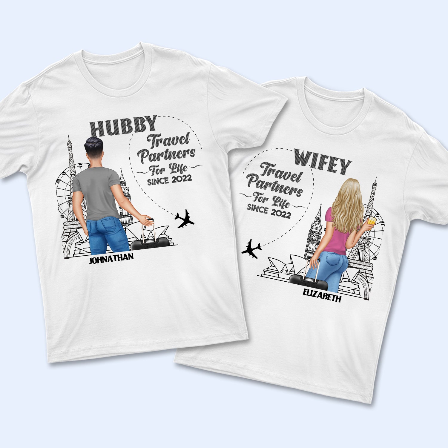 Travel Couple Hubby Wifey Partners For Life - Gift For Couples - Personalized Custom T Shirt