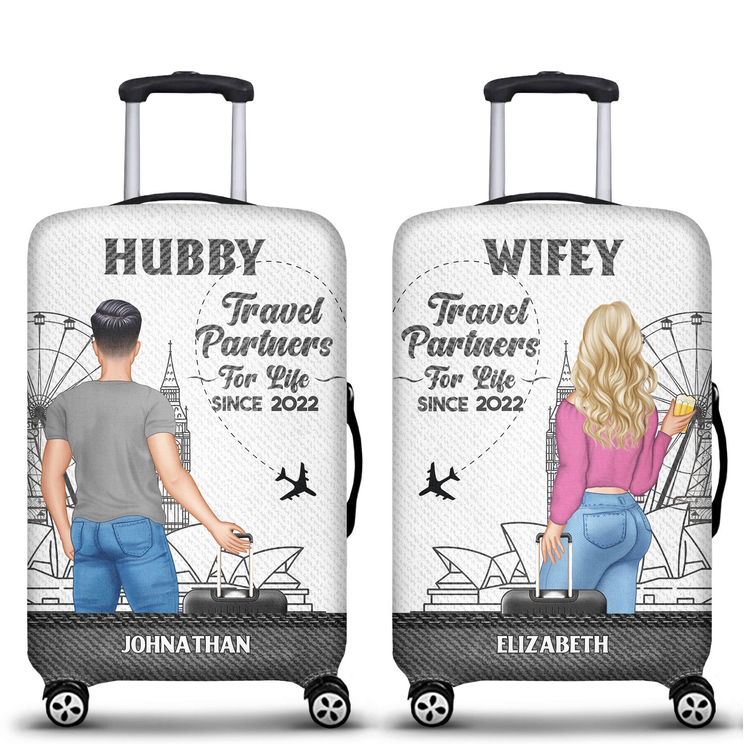 Travel Couple Hubby Wifey Partners For Life - Gift For Couples - Personalized Combo 2 Luggage Covers