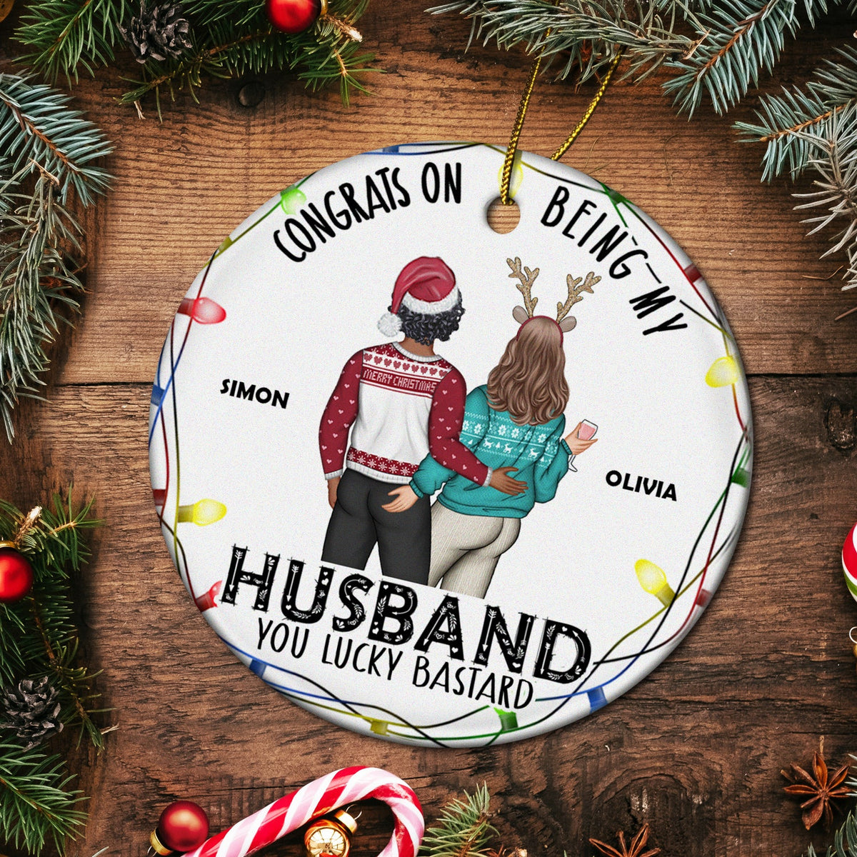 Christmas Couple Congrats On Being My Husband - Gift For Couples - Personalized Circle Ceramic Ornament