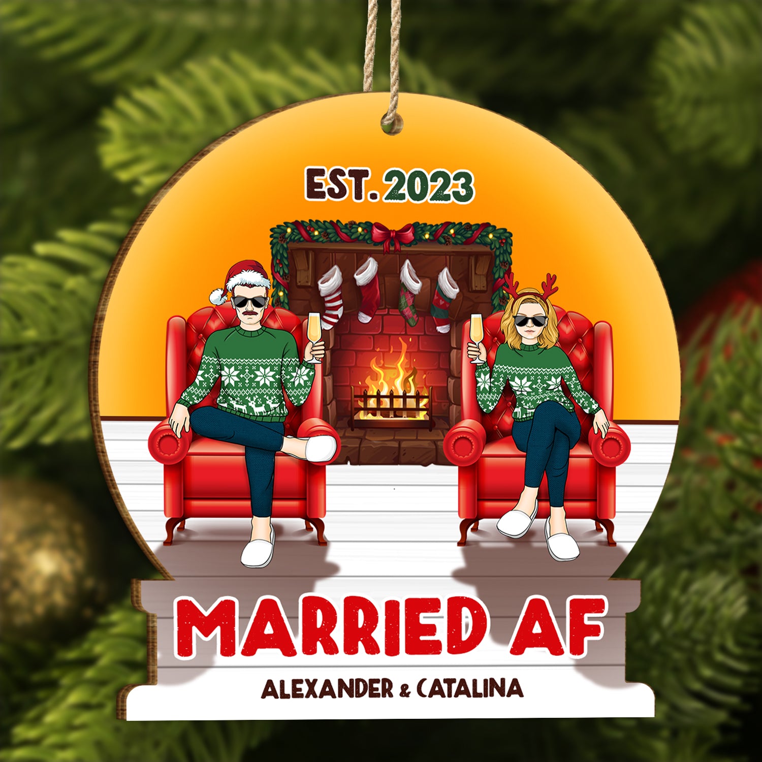 Married AF - Christmas Gift For Couples - Personalized Custom Shaped Wooden Ornament