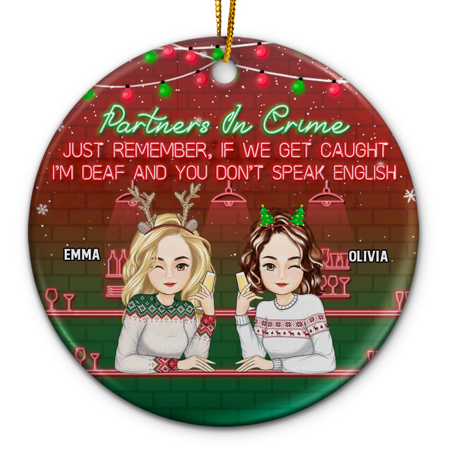 Christmas Bestie Partners In Crime - Gift For Bestie - Personalized Circle Ceramic Ornament