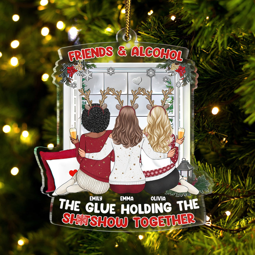 Christmas Bestie Back Side Friends & Alcohol - Gift For Bestie - Personalized Custom Shaped Acrylic Ornament