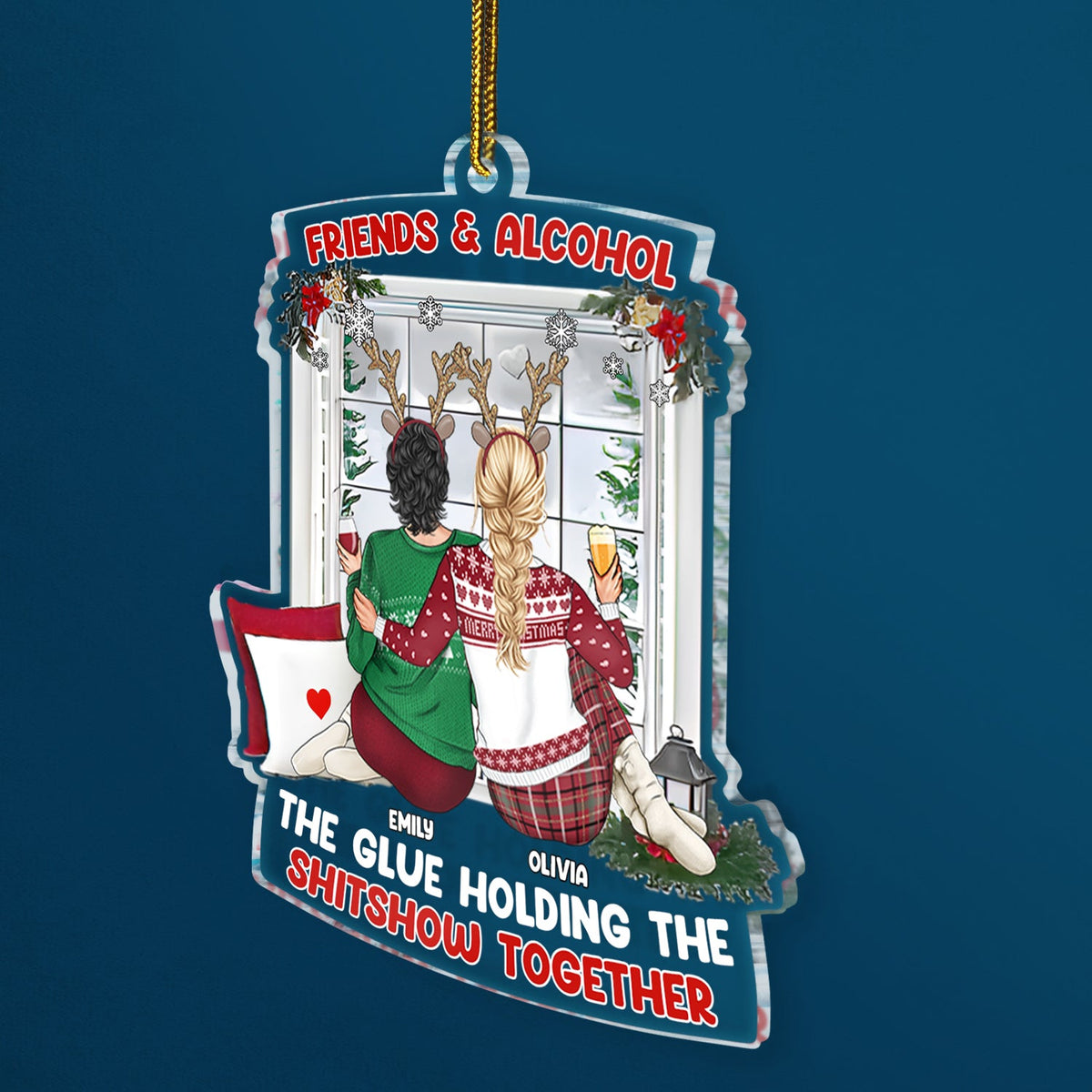 Christmas Bestie Back Side Friends & Alcohol - Gift For Bestie - Personalized Custom Shaped Acrylic Ornament