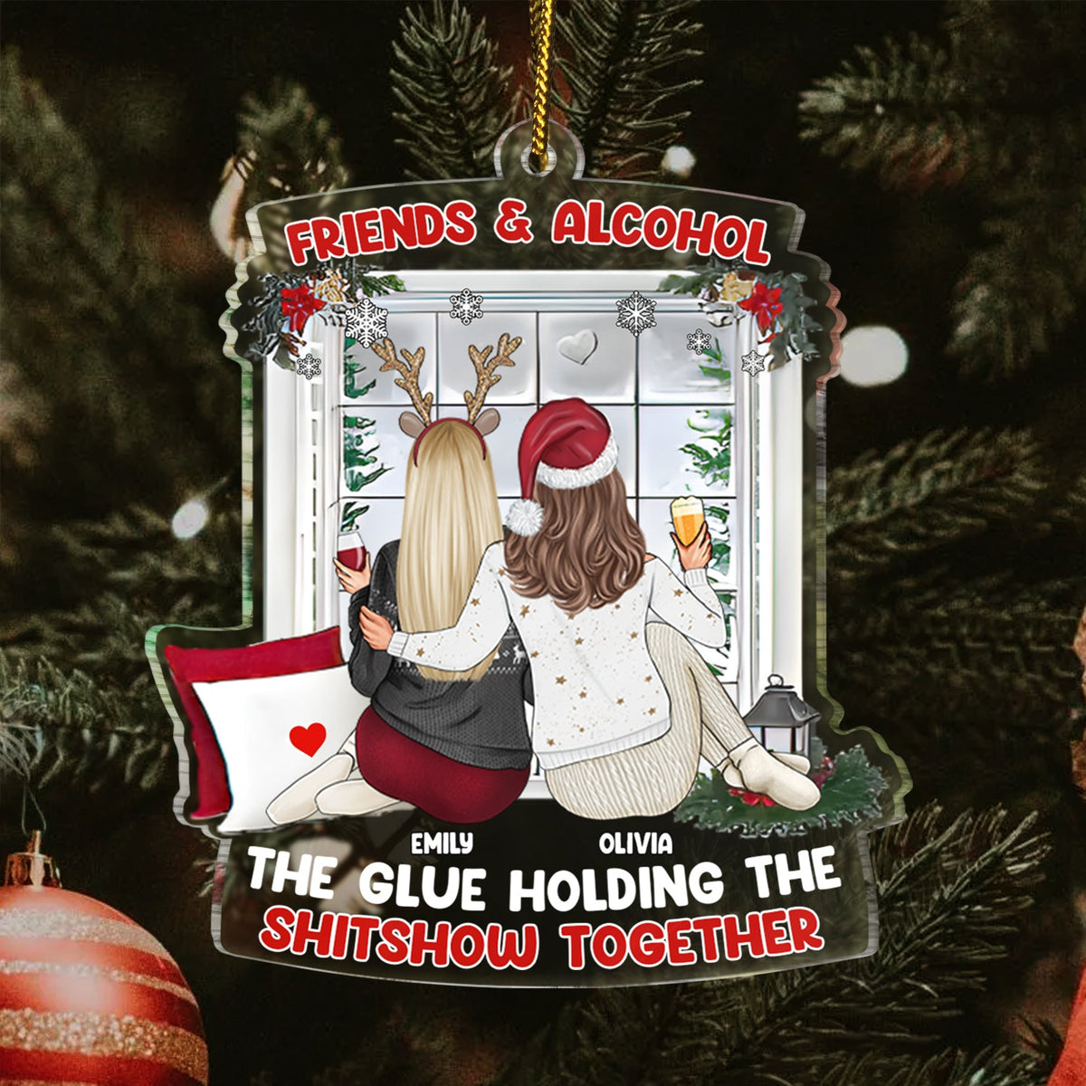 Christmas Bestie Back Side Friends & Alcohol - Gift For Bestie - Personalized Custom Shaped Acrylic Ornament