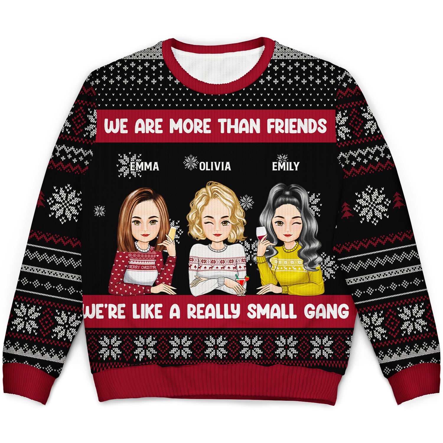 Christmas Bestie Cartoon Drinking Really Small Gang - Gift For Bestie - Personalized Unisex Ugly Sweater