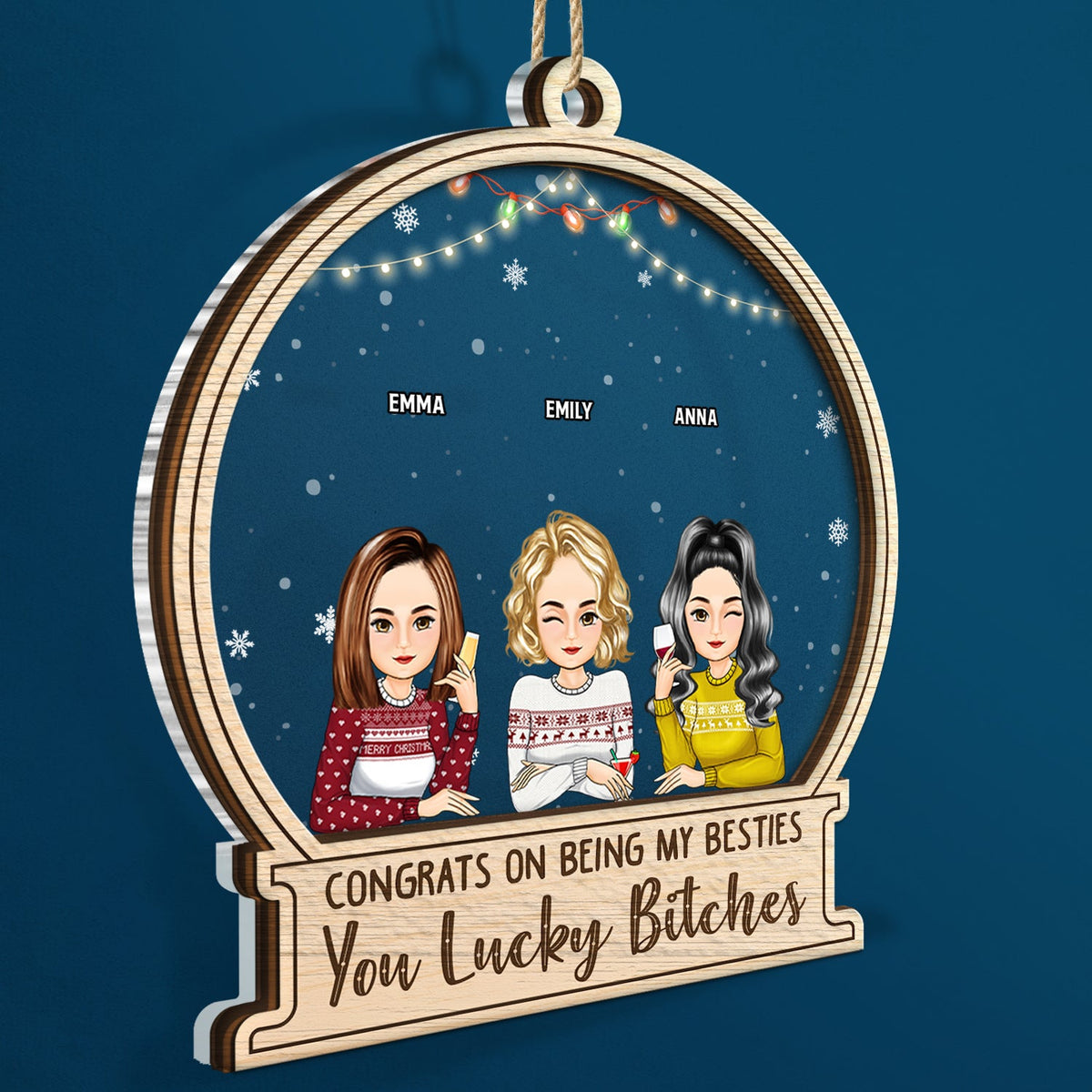 Christmas Congrats On Being My Besties Cartoon Drinking - Gift For Bestie - Personalized 2-Layered Mix Ornament