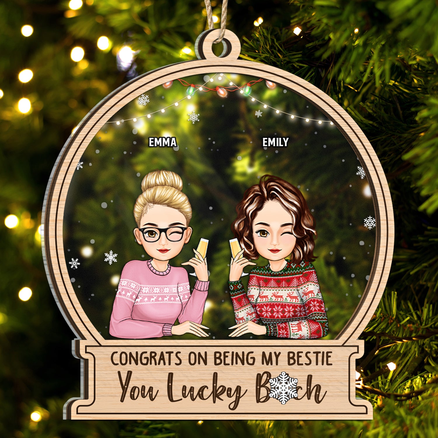 Christmas Congrats On Being My Besties Cartoon Drinking - Gift For Bestie - Personalized 2-Layered Mix Ornament