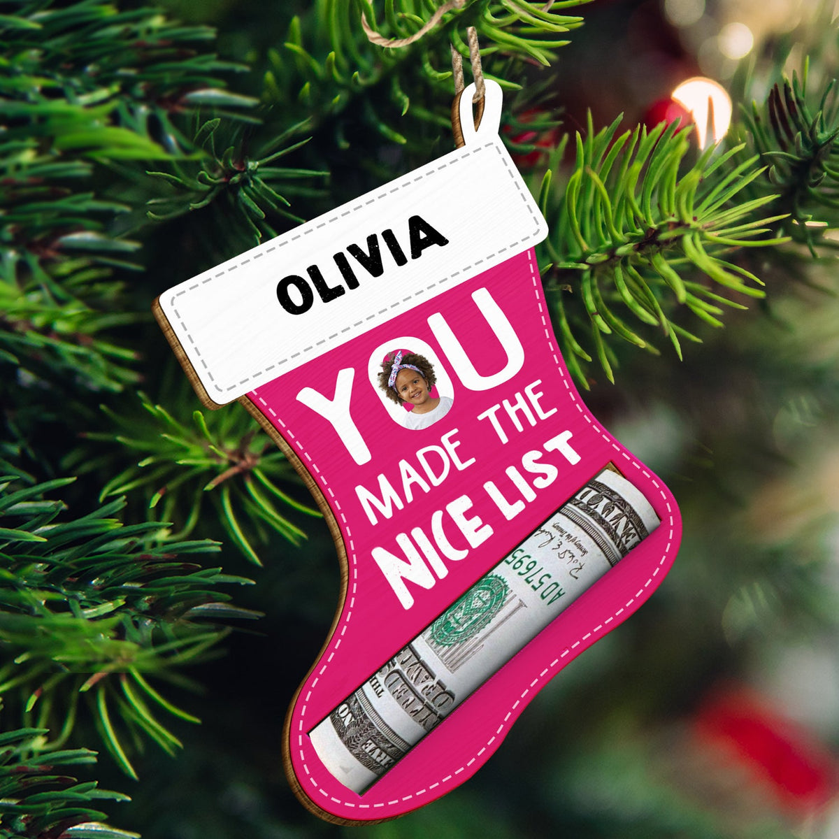 Custom Photo Made The Nice List - Christmas Gift For Kids - Personalized Wooden Cutout Ornament, Money Holder Ornament