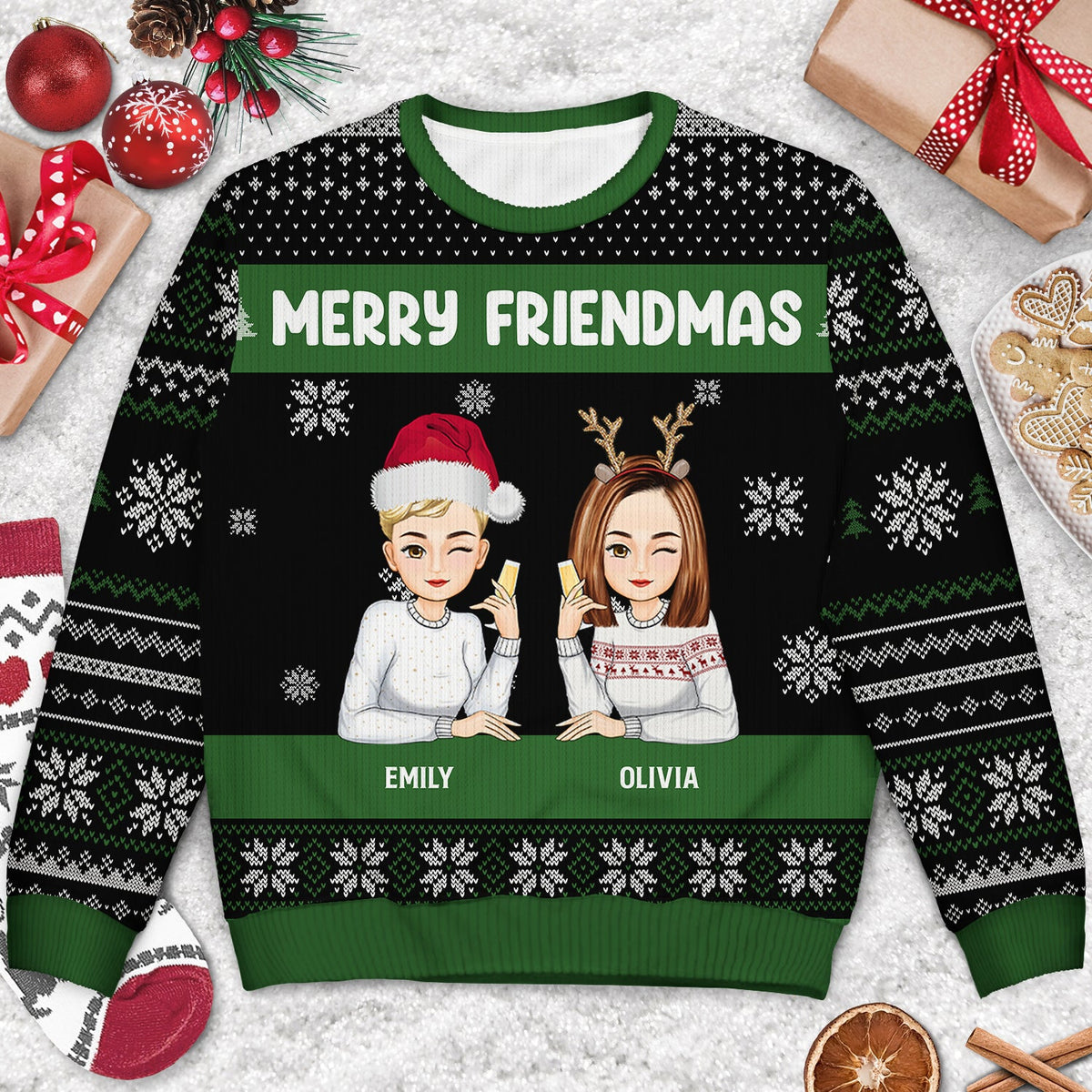 Christmas Cartoon Drinking Bestie Merry Friendmas - Gift For Bestie - Personalized Unisex Ugly Sweater