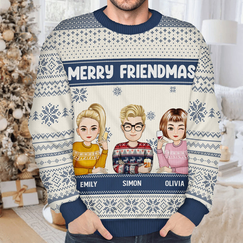 Christmas Cartoon Drinking Bestie Merry Friendmas - Gift For Bestie - Personalized Unisex Ugly Sweater