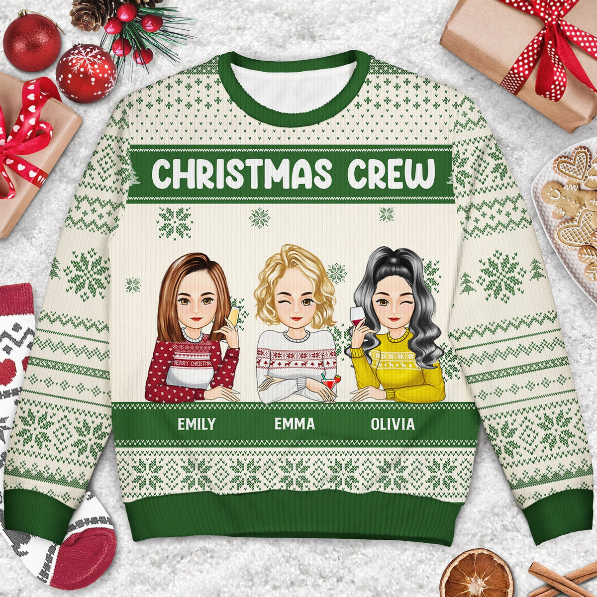 Christmas Cartoon Sitting Christmas Crew - Gift For Besties - Personalized Unisex Ugly Sweater