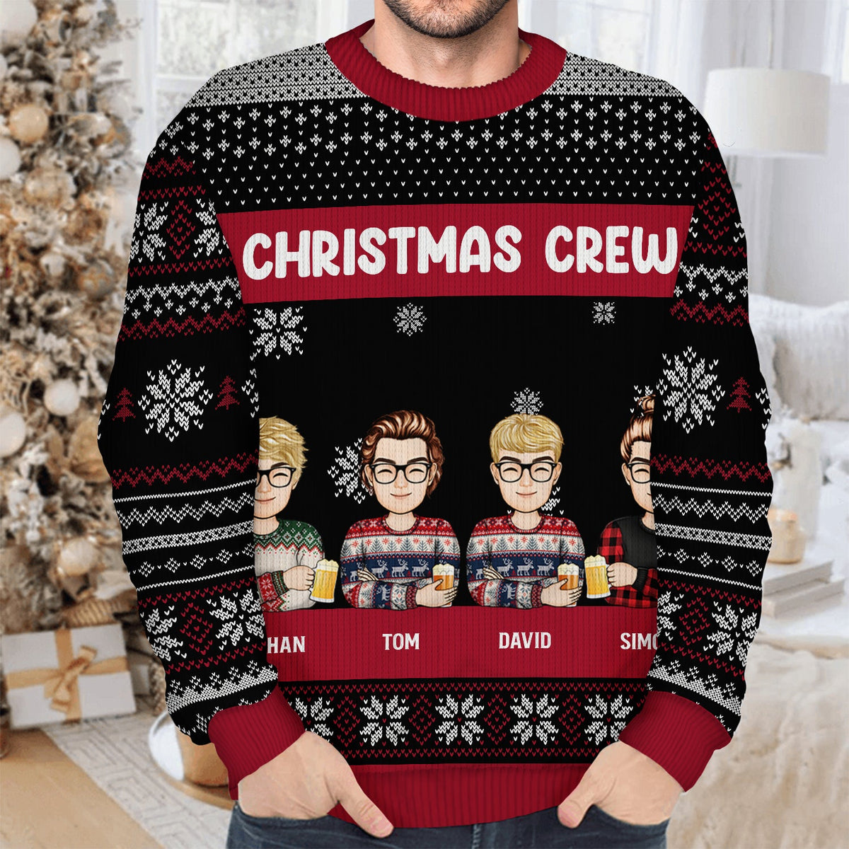 Dessin animé de Noël assis - Cadeau pour les meilleurs amis - Pull moche unisexe personnalisé