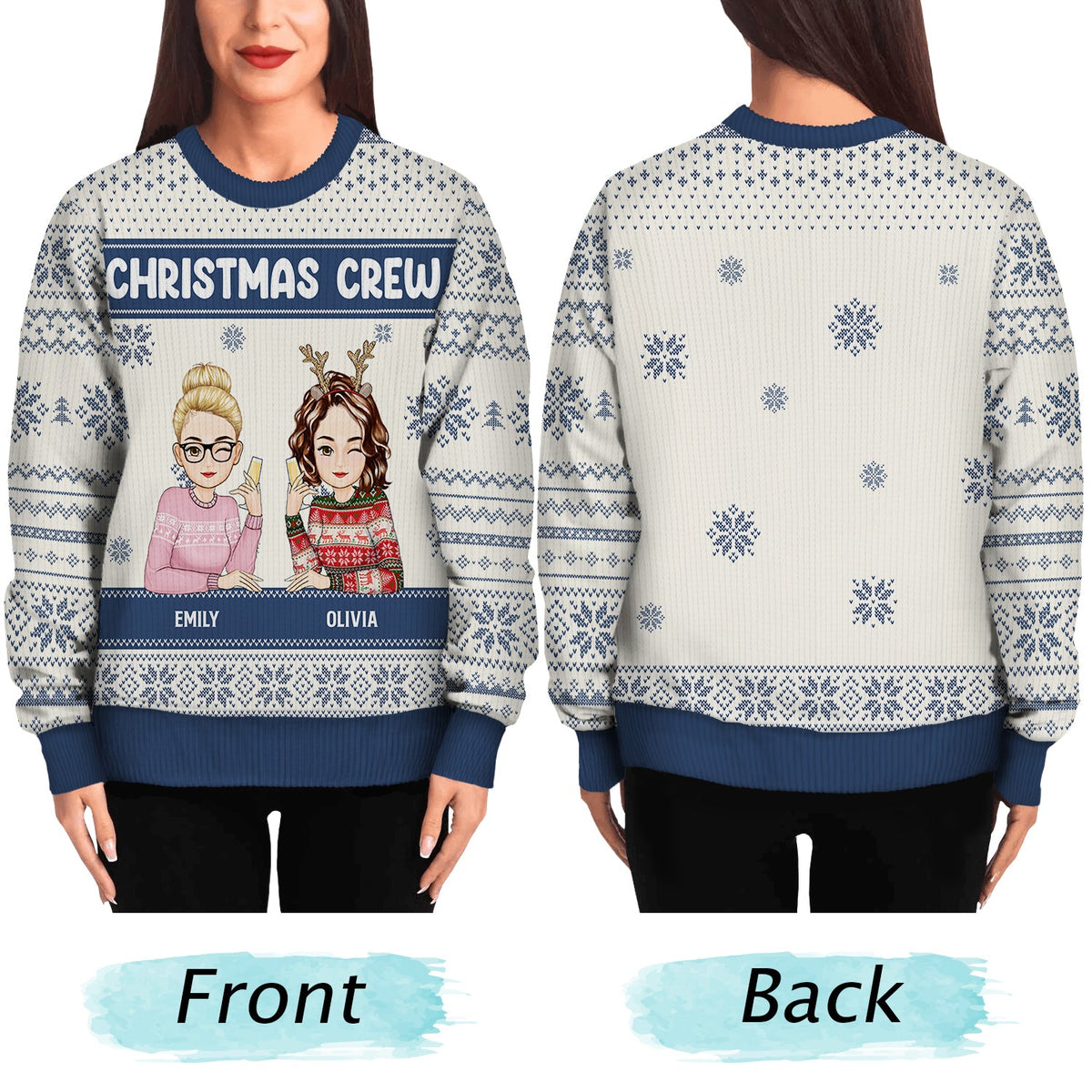 Christmas Cartoon Sitting Christmas Crew - Gift For Besties - Personalized Unisex Ugly Sweater