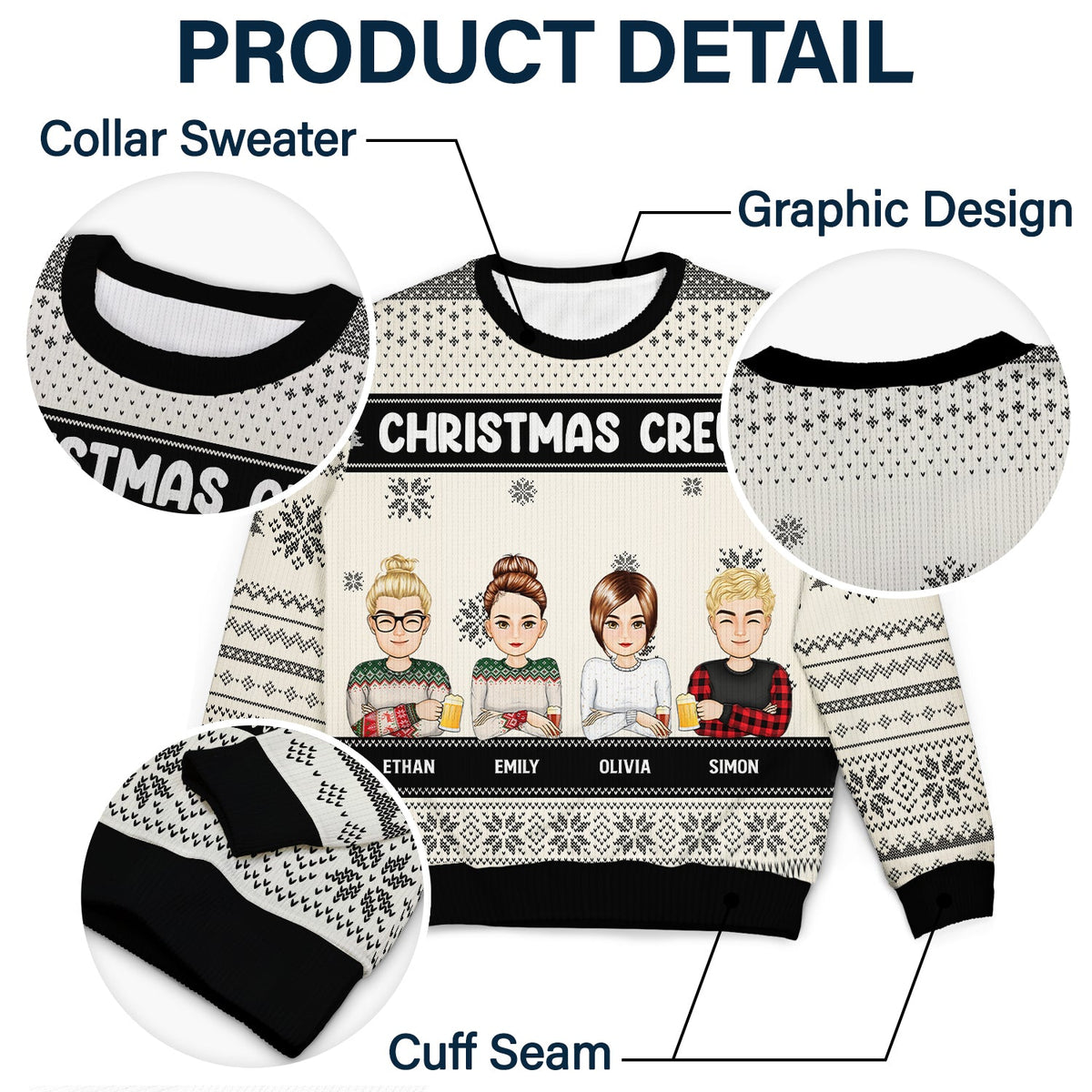 Dessin animé de Noël assis - Cadeau pour les meilleurs amis - Pull moche unisexe personnalisé