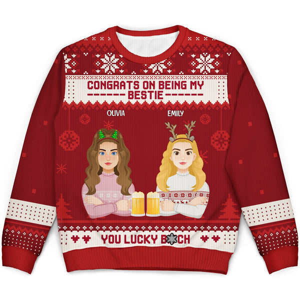 Christmas Flat Art Congrats On Being My Bestie - Gift For Bestie - Personalized Unisex Ugly Sweater