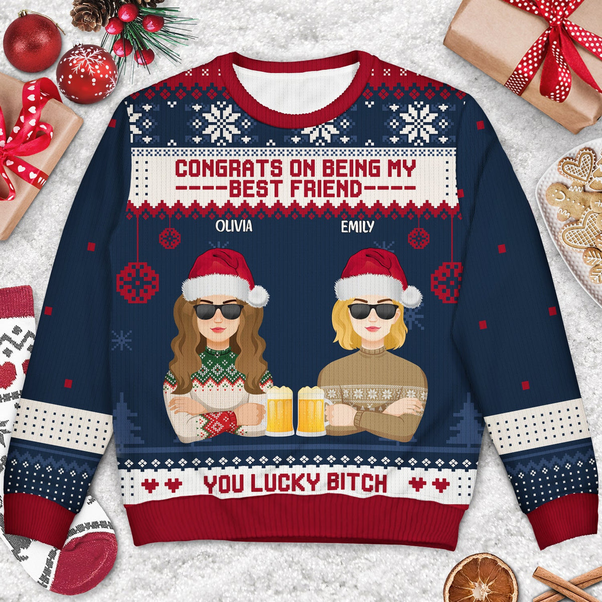 Christmas Flat Art Congrats On Being My Bestie - Gift For Bestie - Personalized Unisex Ugly Sweater