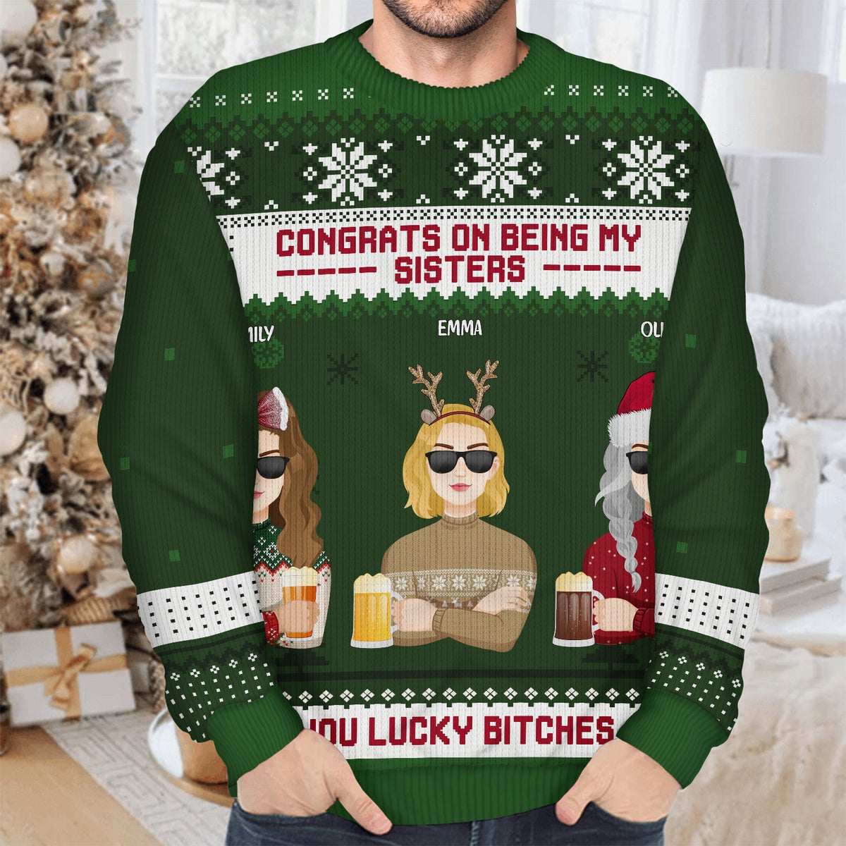 Christmas Flat Art Congrats On Being My Bestie - Gift For Bestie - Personalized Unisex Ugly Sweater