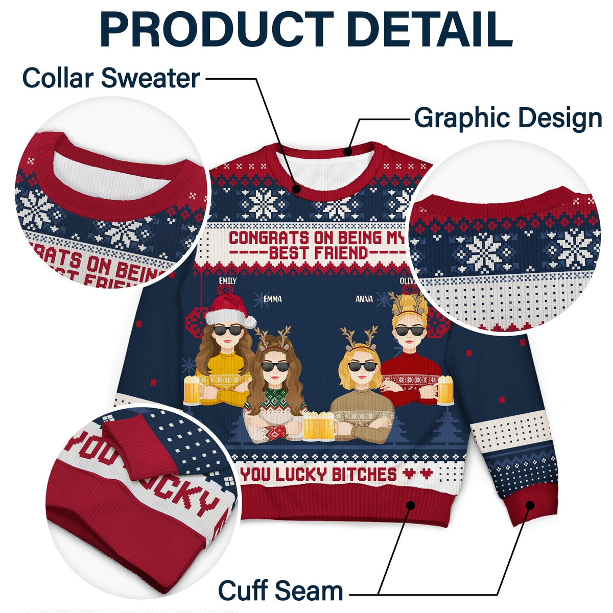 Christmas Flat Art Congrats On Being My Bestie - Gift For Bestie - Personalized Unisex Ugly Sweater