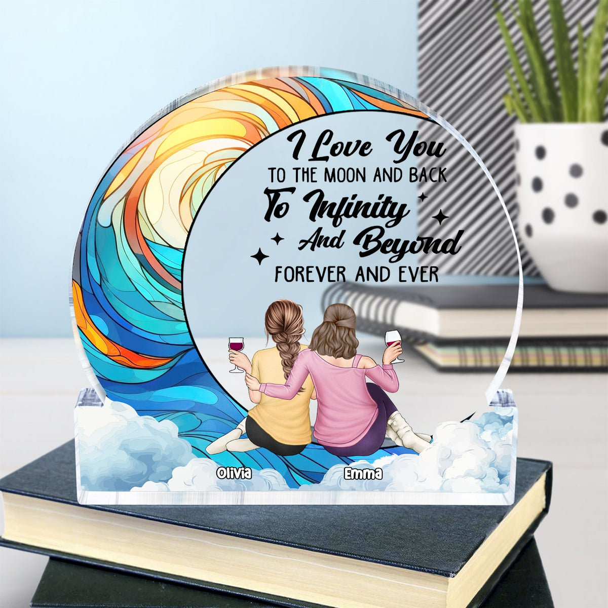 Lune et retour vers l'infini - Cadeau pour couple - Plaque acrylique ronde personnalisée