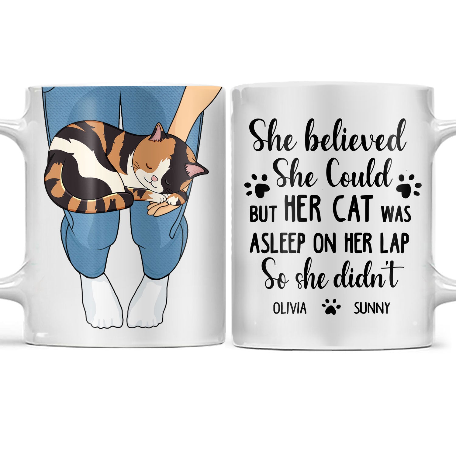 Asleep On Her Lap - Gift For Cat Lovers - Personalized White Edge-to-Edge Mug