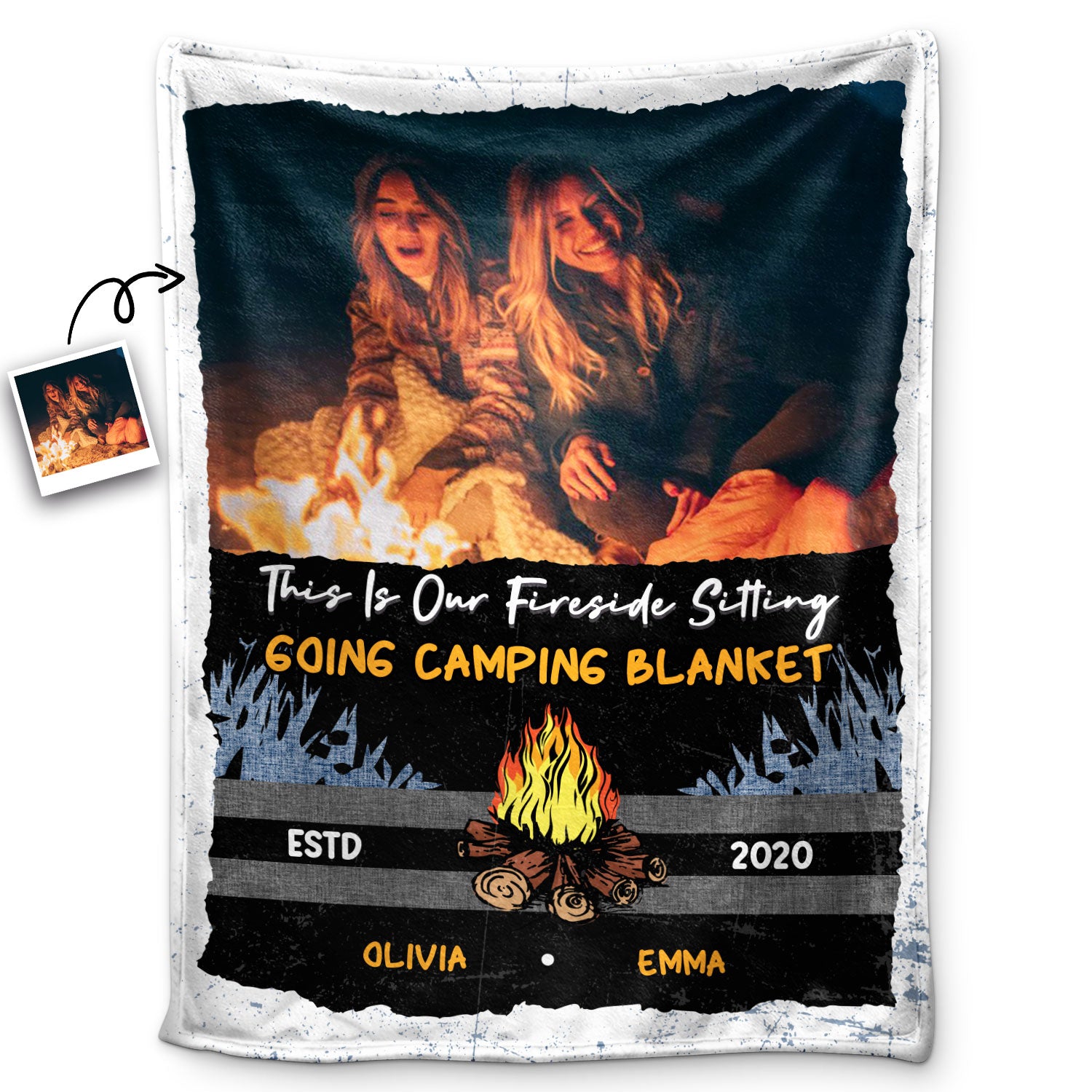 Custom Photo Fireside Sitting Going Camping - Gift For Besties, Couples And Family - Personalized Fleece Blanket