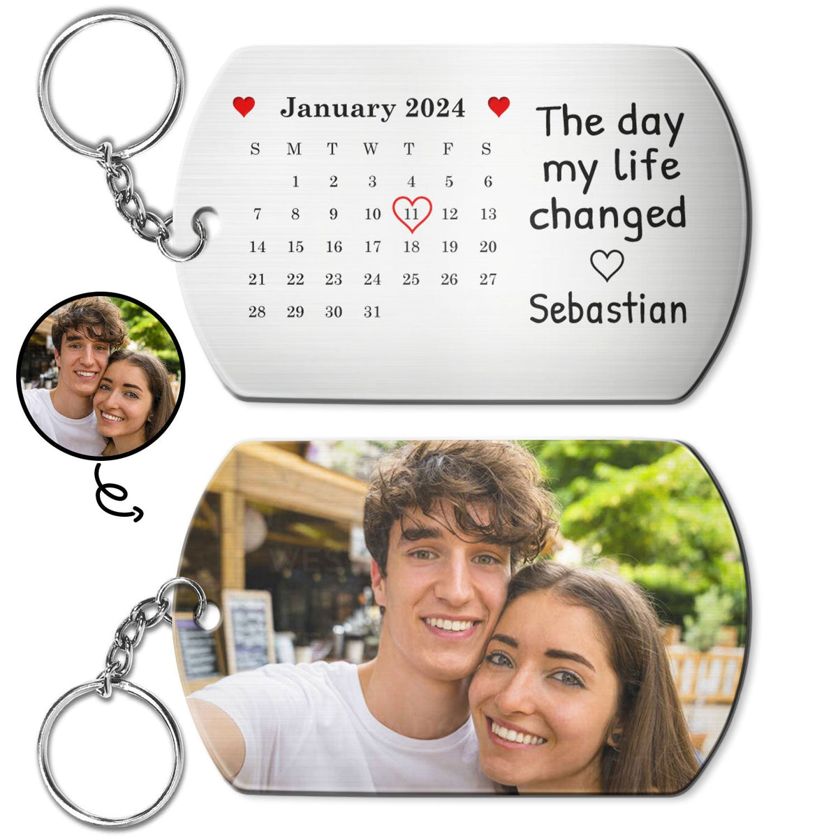 Calendrier photo personnalisé « Le jour où ma vie a changé » – Cadeau pour couples – Porte-clés en aluminium personnalisé