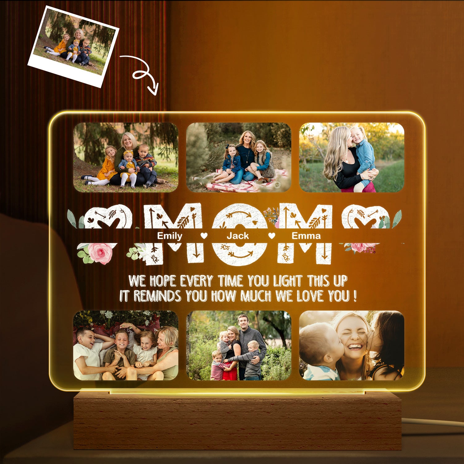 Custom Photo Light This Up - Gift For Mother - Personalized 3D Led Light Wooden Base