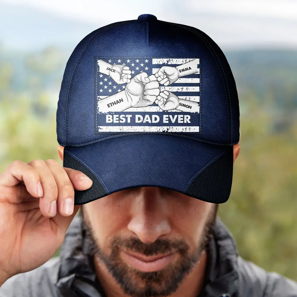 Best Dad Ever Flag Hand Line Sketch - Personalized Classic Cap