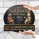 Couple Pool Where The Neighbors Listen To Good Music - Personalized Custom Shaped Wood Sign