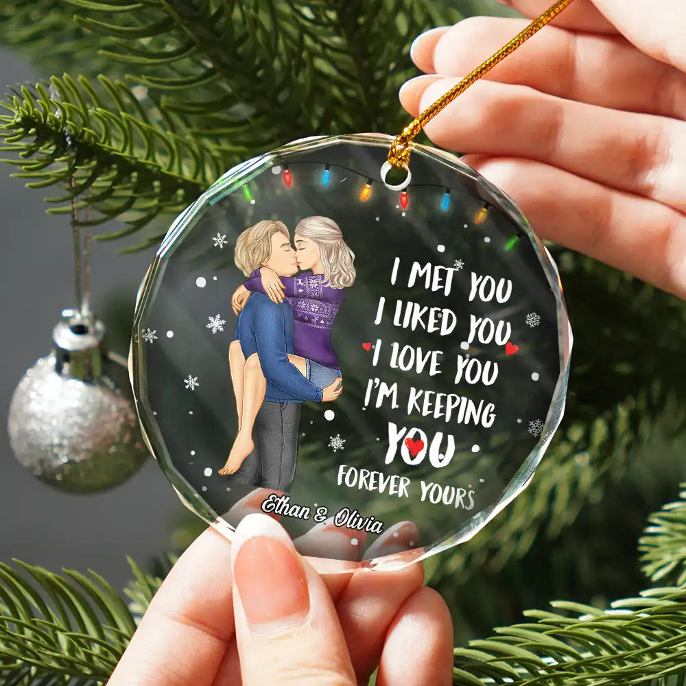 Christmas Couple Forever Yours - Personalized Circle Glass Ornament