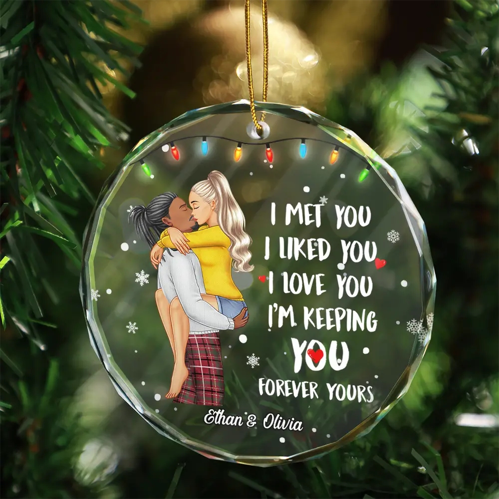 Christmas Couple Forever Yours - Personalized Circle Glass Ornament