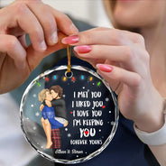 Christmas Couple Forever Yours - Personalized Circle Glass Ornament